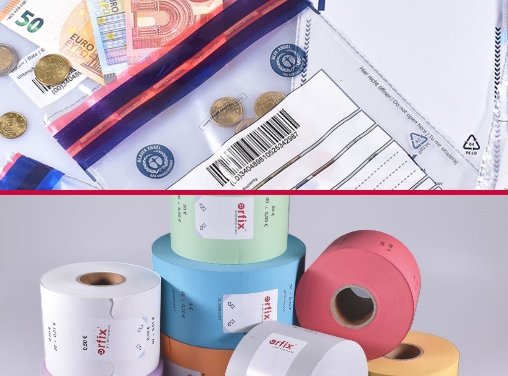 Una selección de rollos de papel en distintos colores, entre los que se incluyen los rollos para máquinas expendedoras «Blauer Engle Safebag».
