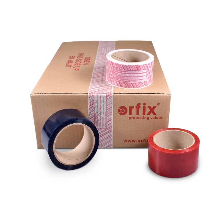 Eine Box mit zwei Rollen rotem und blauem Tape, geeignet für Sicherheitsverschlüsse.
