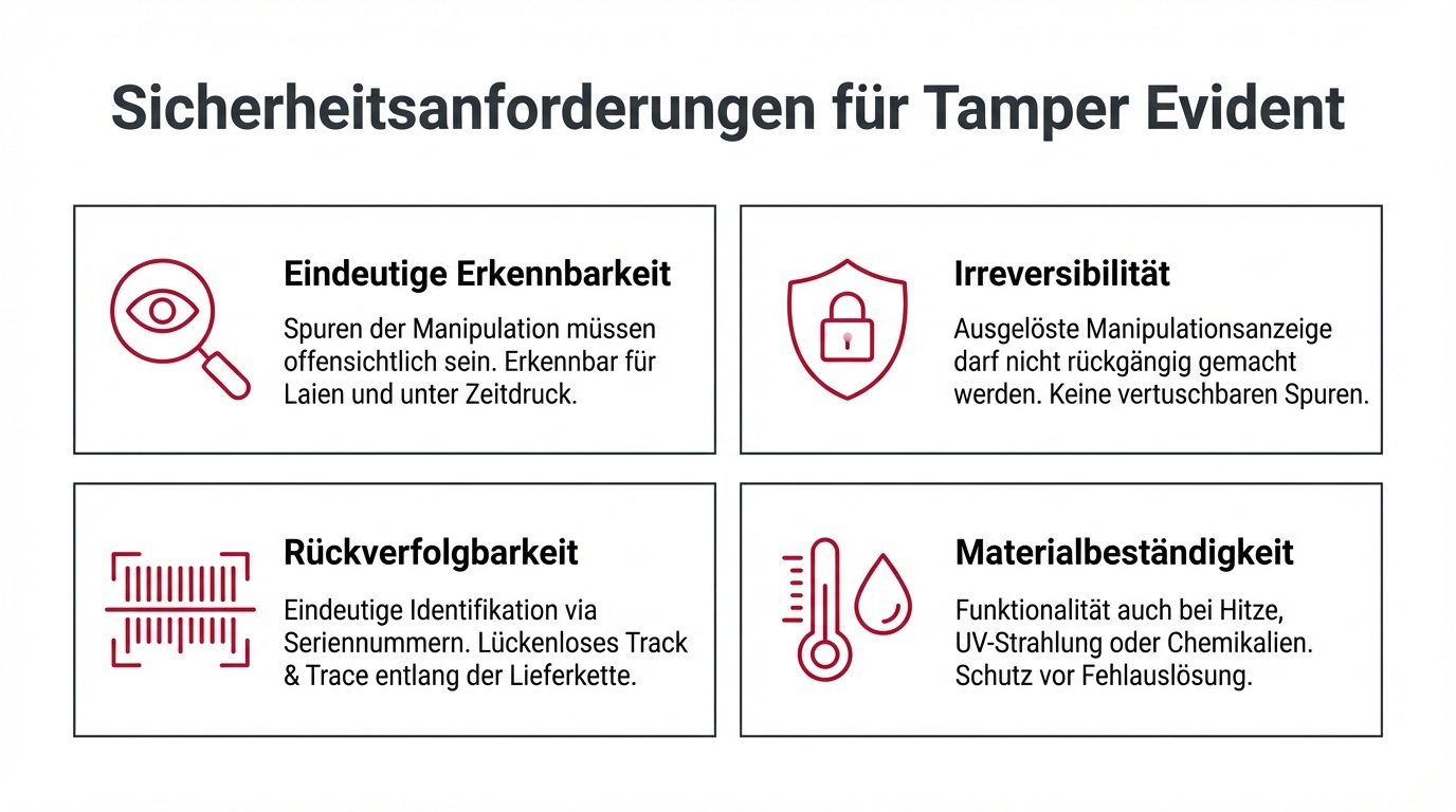 Vier verschiedene Sicherheitsmerkmale eines Autos, darunter tamper evident Siegel und Manipulationsschutz.