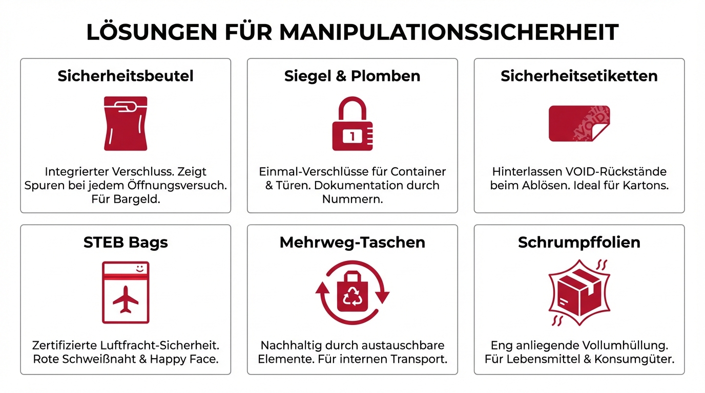 Vier verschiedene Arten von Gepäck, einschließlich manipulationssicherer Verpackung und fälschungssicherem Sicherheitsklebeband.