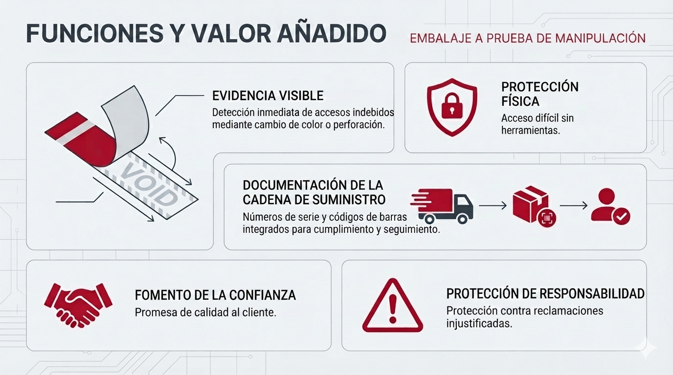 Información sobre las funciones y características de la máquina: embalaje a prueba de manipulaciones, tamper evident, cinta adhesiva de seguridad.
