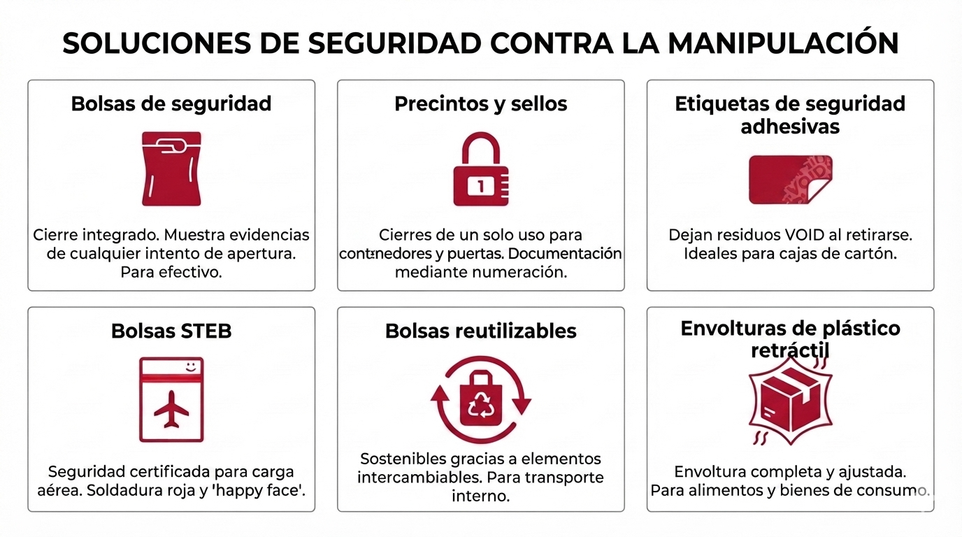 Cuatro tipos diferentes de equipaje, incluyendo embalajes a prueba de manipulaciones y cinta adhesiva de seguridad a prueba de falsificaciones.