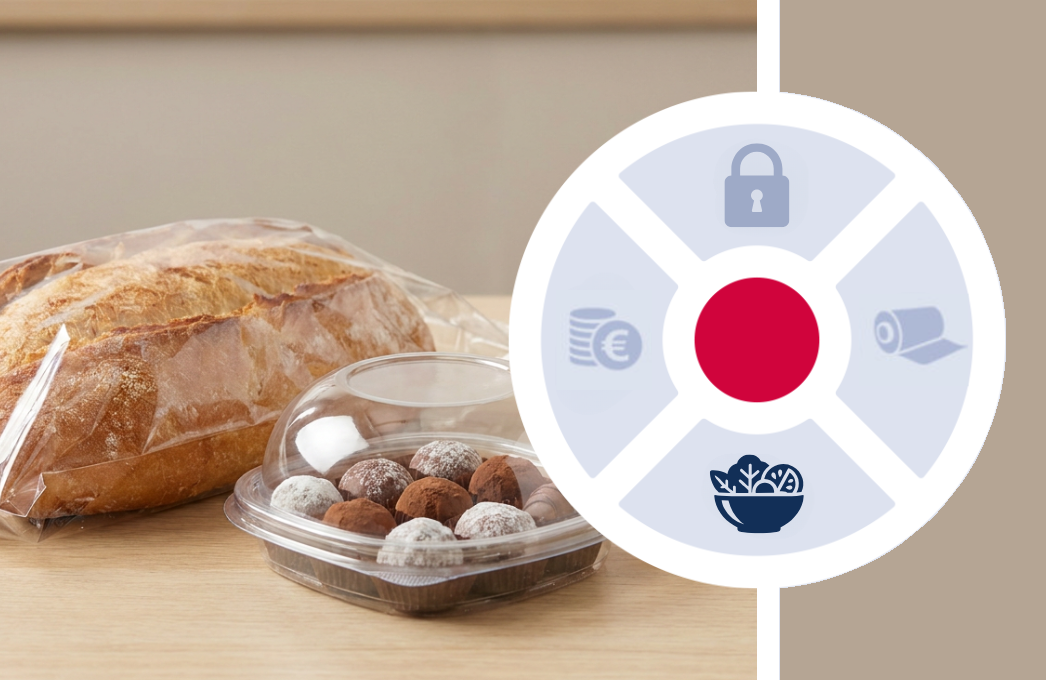Bread, pralines and patisserie on a bakery shelf in clear orfix flow packs and trays