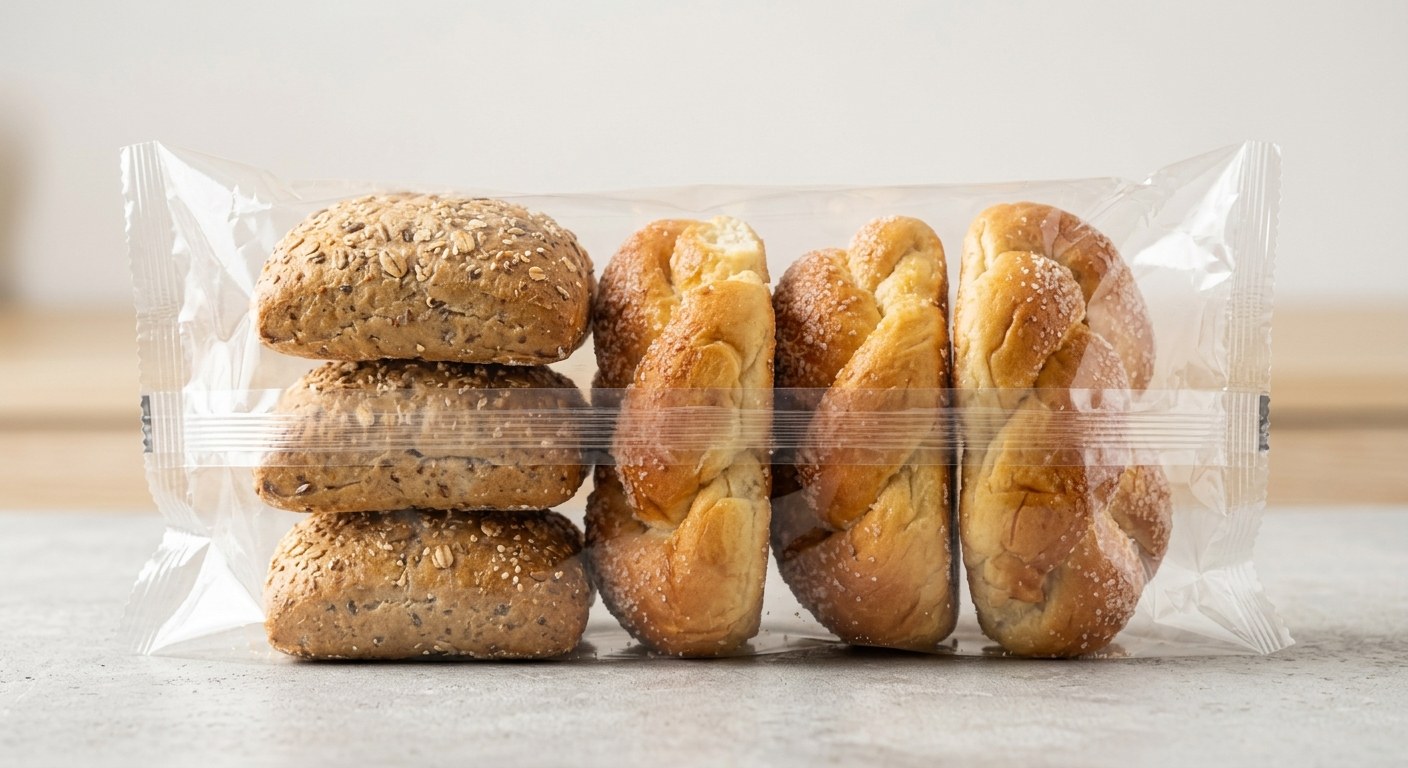 Bread rolls in a clear PE flow wrap pack