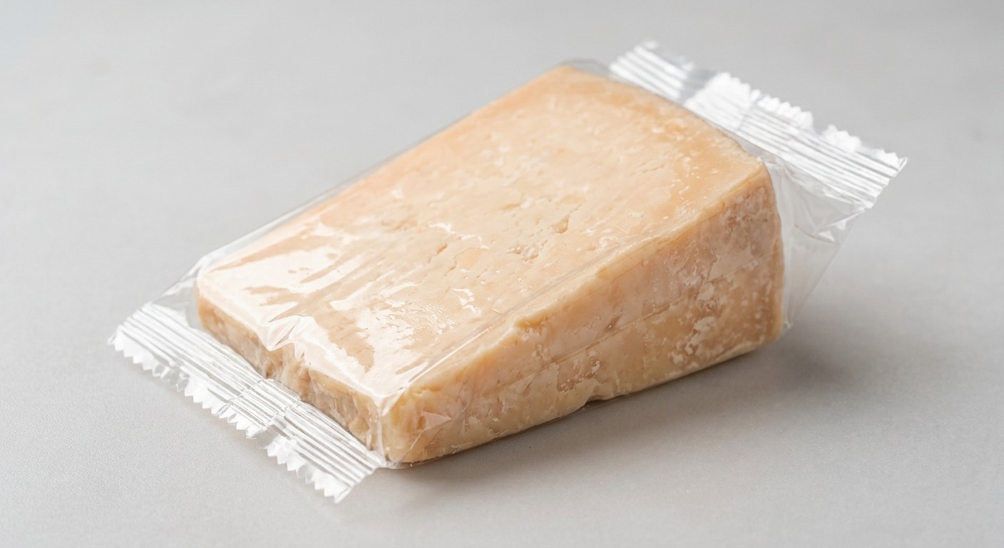 A wedge of cheese flow-wrapped in a clear film