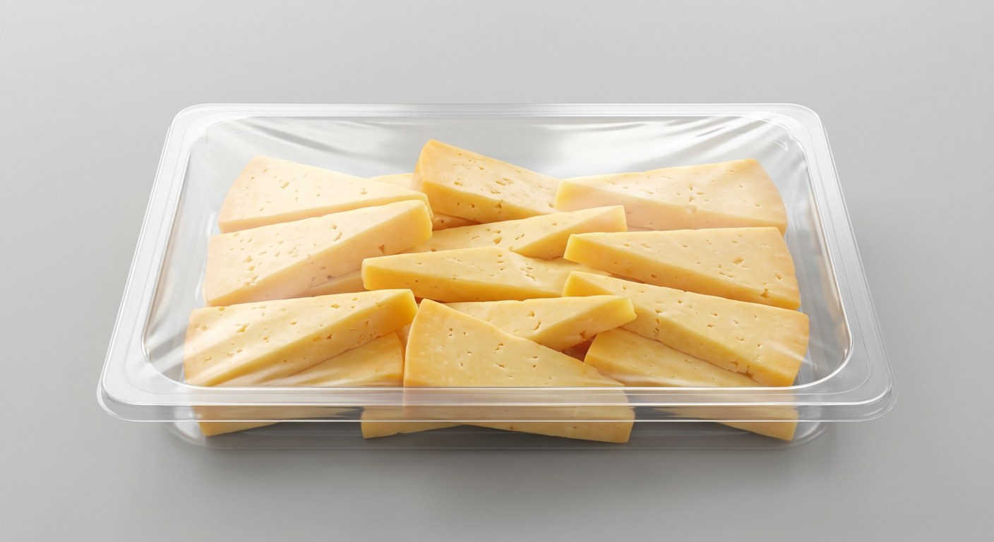 Portioned cheese in a tray with an anti-fog lidding film