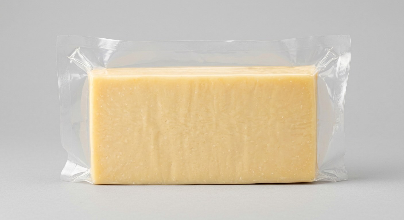 Block of cheese in a straight-bottom vacuum barrier bag