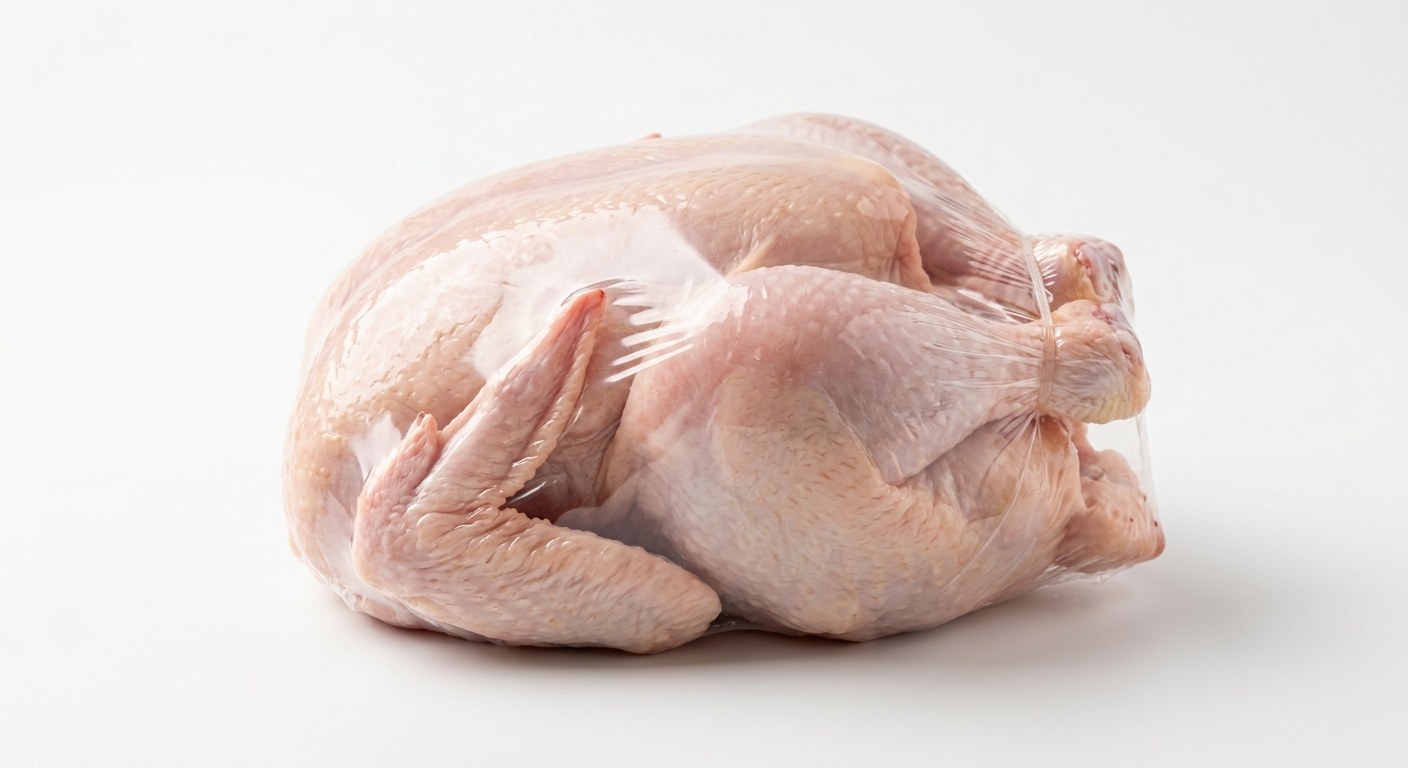 Whole chicken in a clear POF shrink sleeve