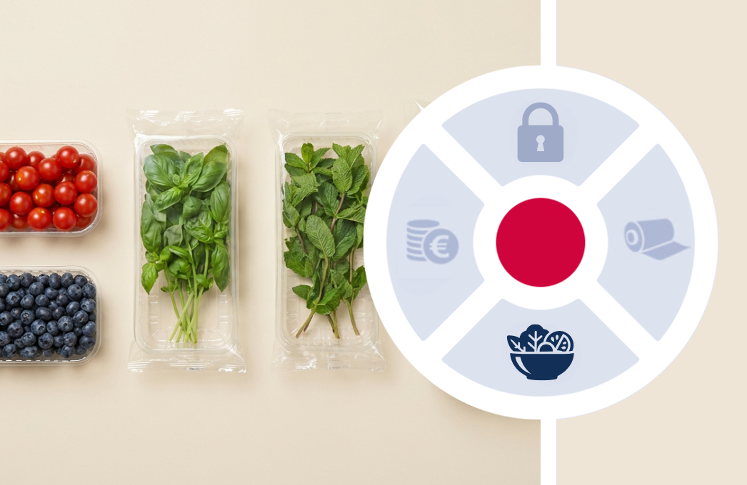 Fresh fruit and vegetables in clear orfix flow wrap packs and trays