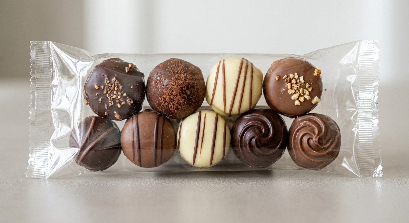 Chocolate pralines in a glossy OPP flow wrap pack
