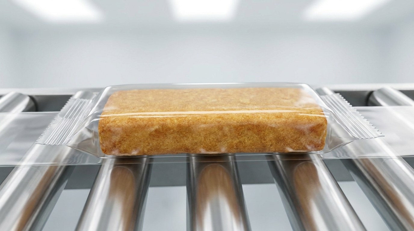 A flow-wrapped food product on a horizontal flow-wrap line