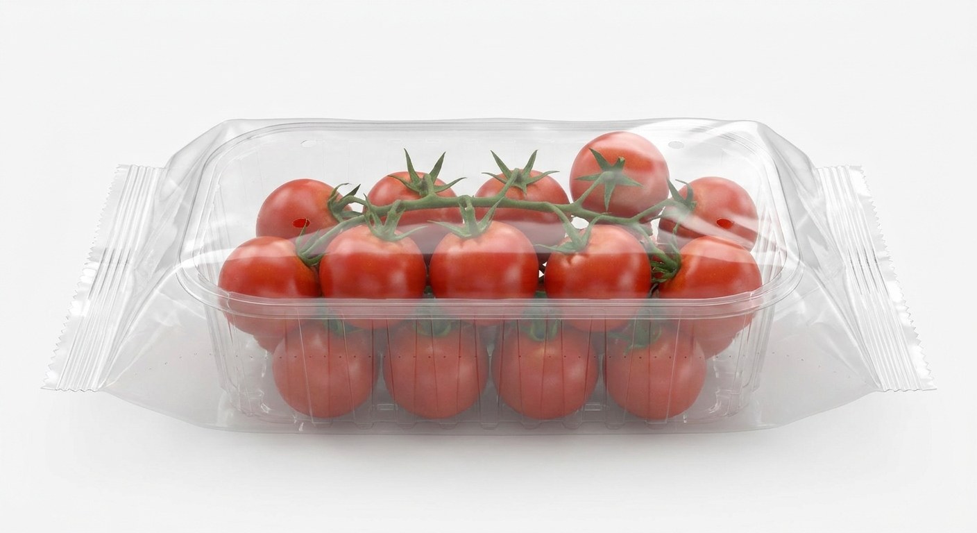 Cherry tomatoes in a clear OPP flow wrap pack