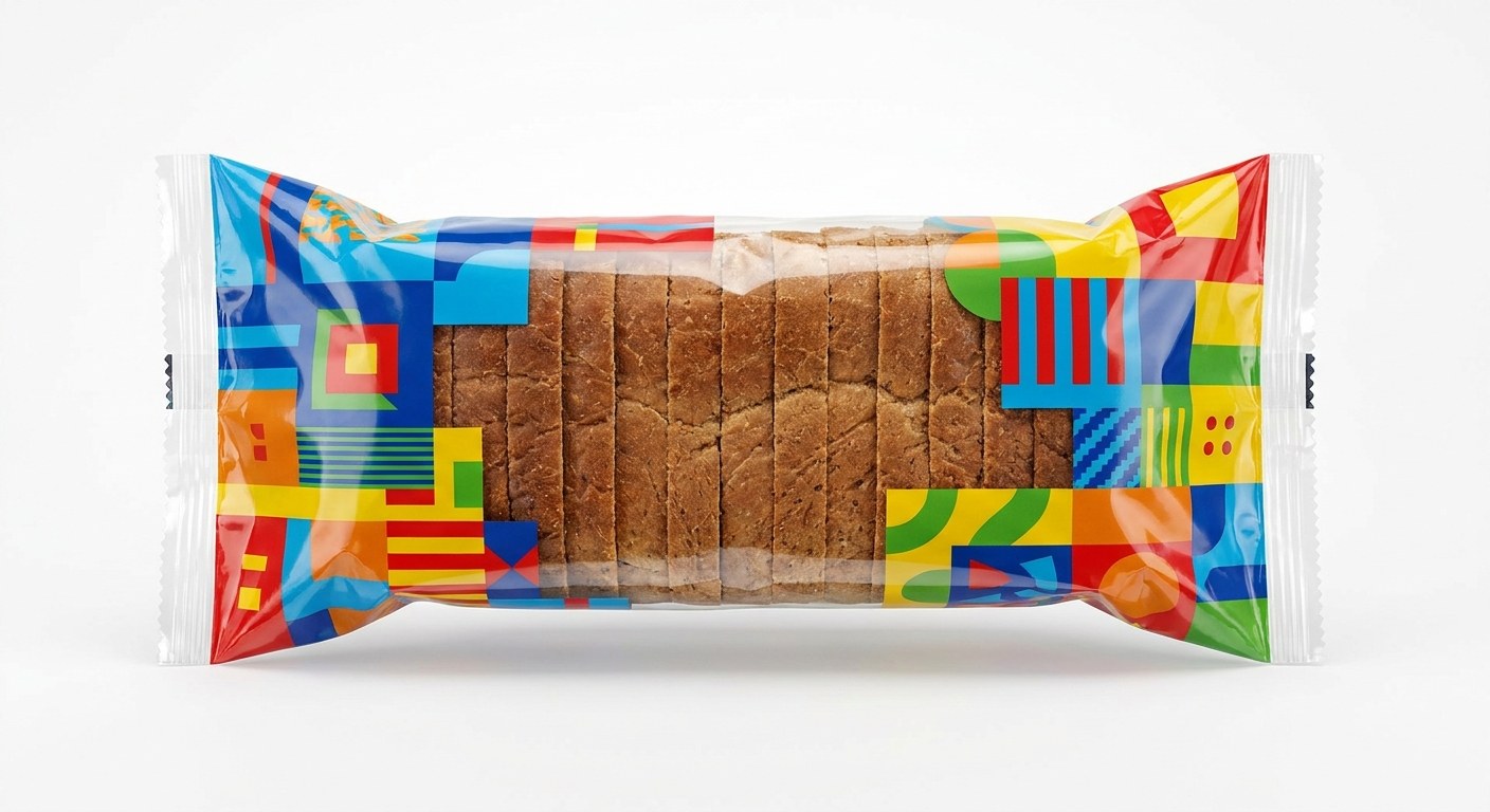 Sliced bread loaf in a printed PE flow wrap pack