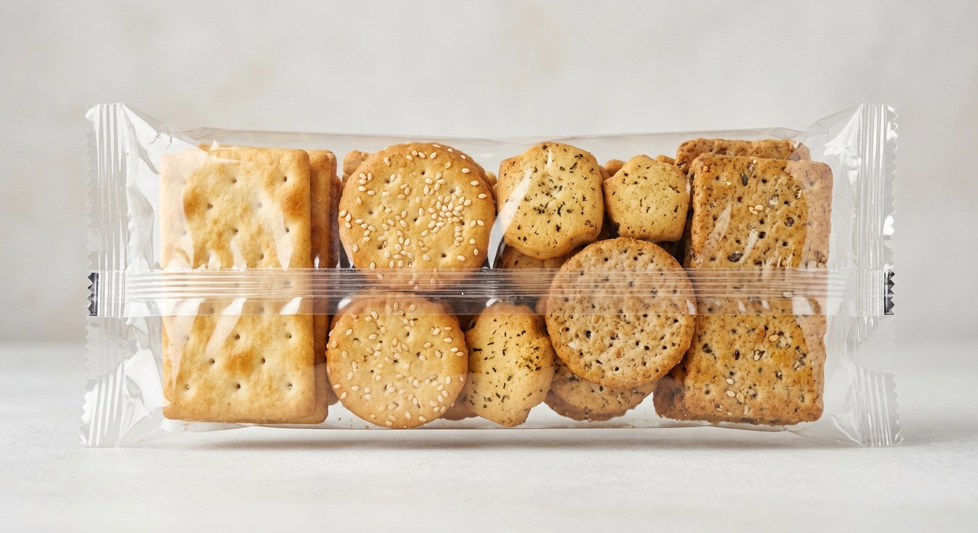 Biscuits and crackers in a clear OPP flow wrap pack