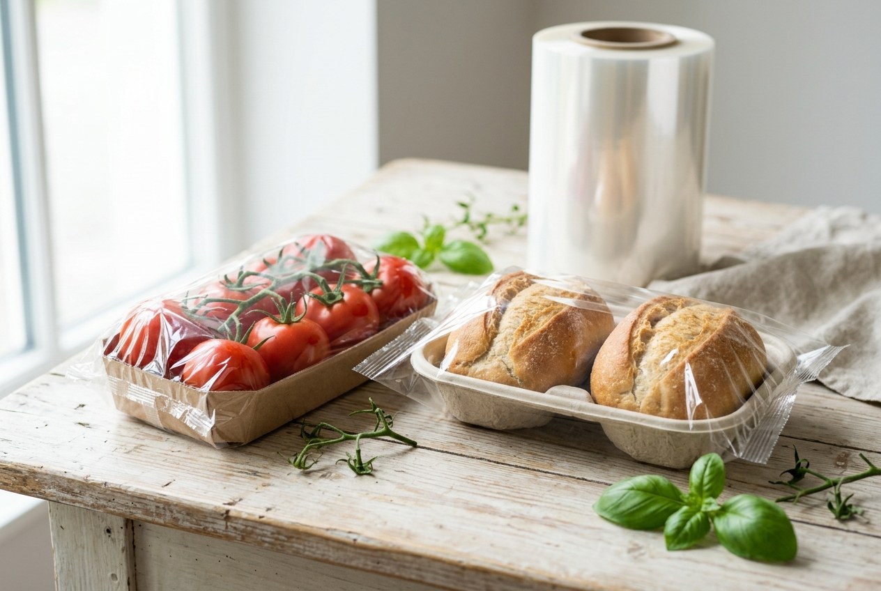Vine tomatoes and bread rolls in clear OPP flow wrap packs beside a roll of clear film