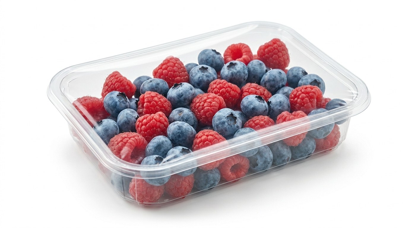 Berries in a PET tray with an anti-fog lidding film