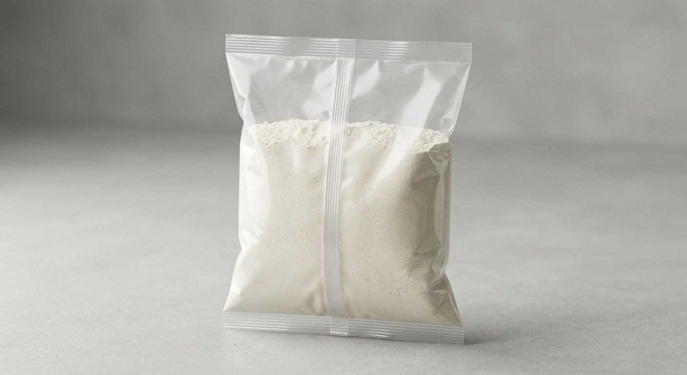 Vertical form-fill-seal PE flow pack holding bulk powder