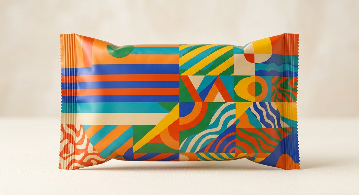 A retail flow wrap pack with a printed graphic design