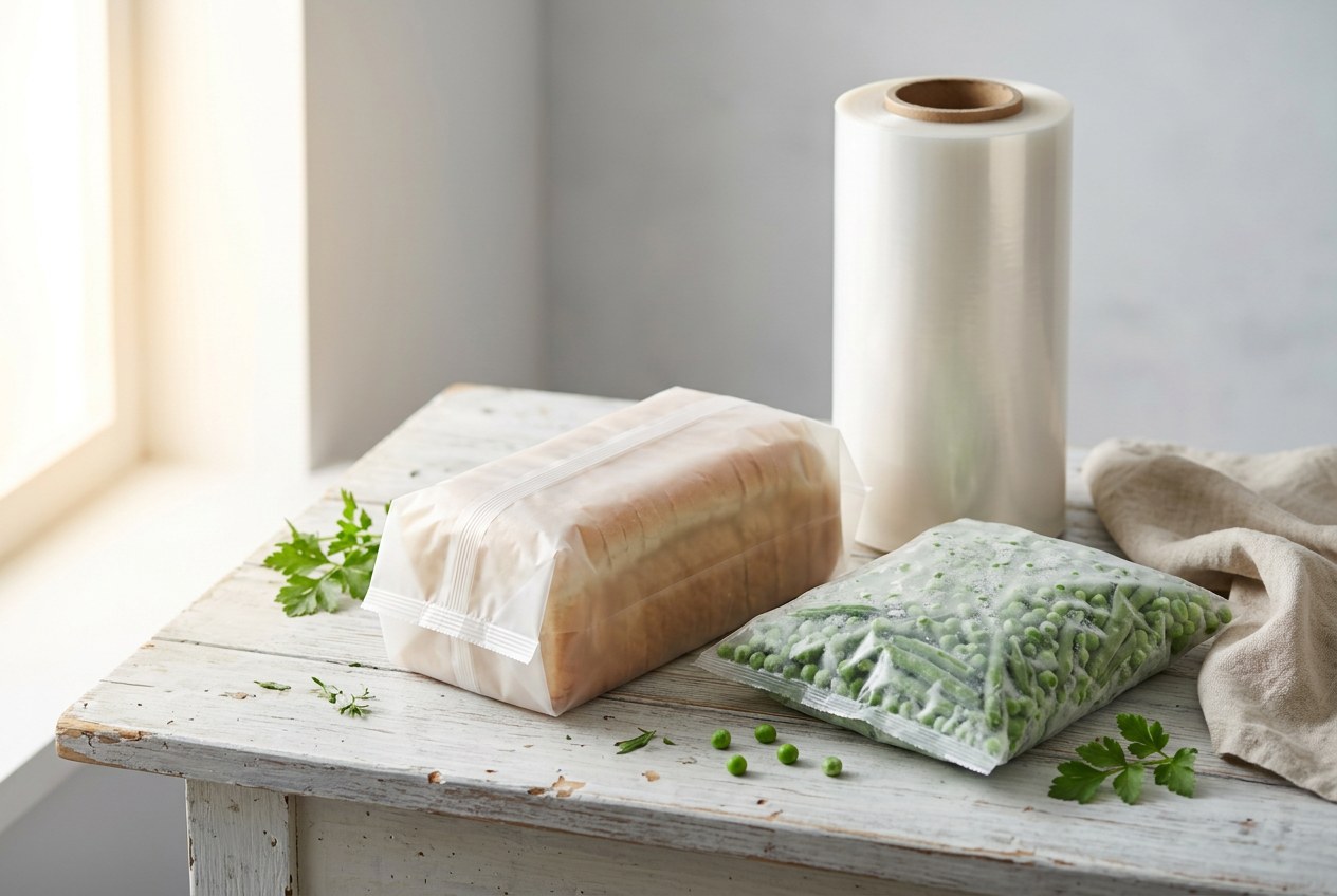 A roll of PE flow wrap film beside a flow wrapped sliced bread loaf and a frozen vegetable pack on a wooden table