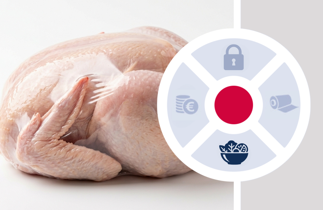 Whole chicken in a clear POF shrink film pack