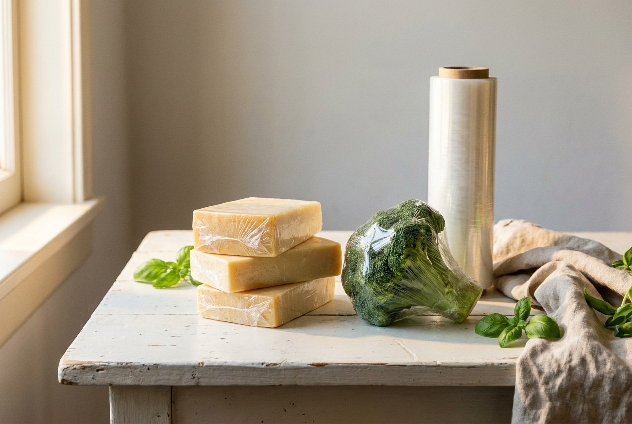 Three cheese blocks and a broccoli head shrink wrapped in clear POF film beside a roll of shrink film on a wooden table