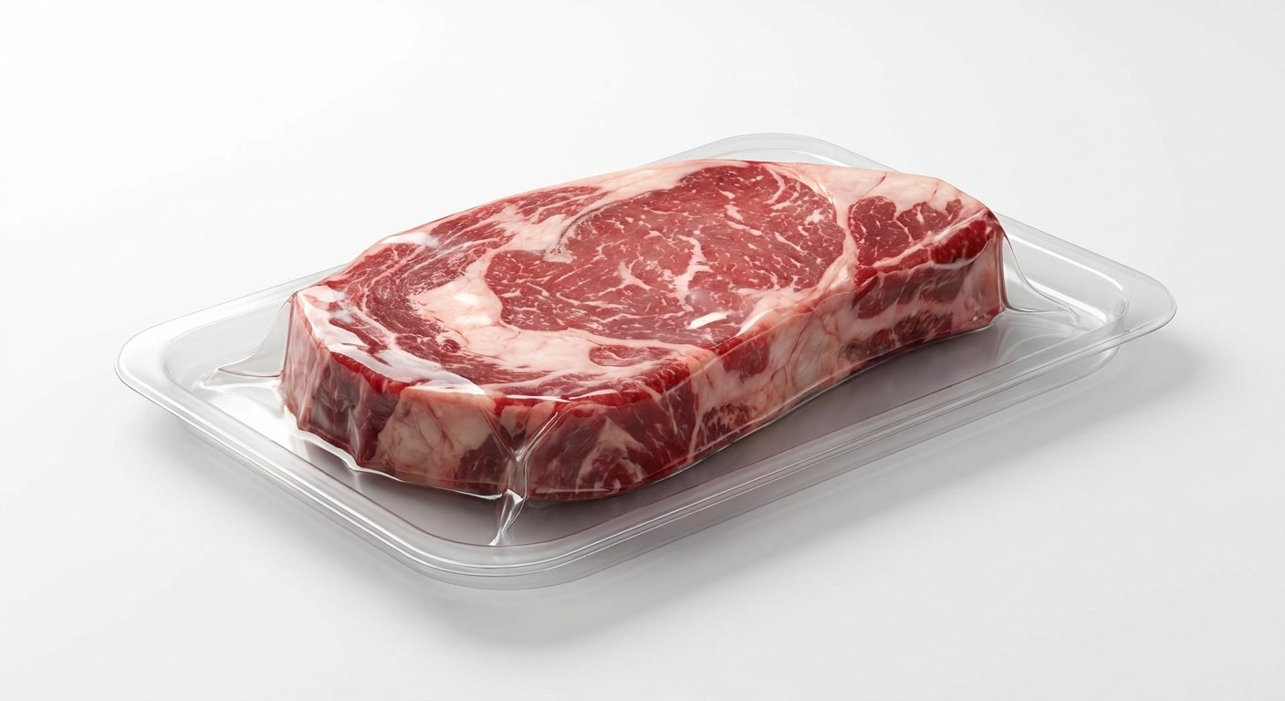 Steak in a thermoformed vacuum skin pack