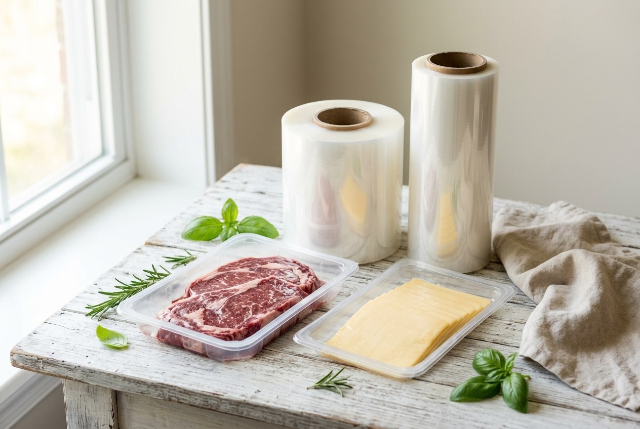 Steak and sliced cheese in clear thermoformed packs beside a forming film roll and a top web roll