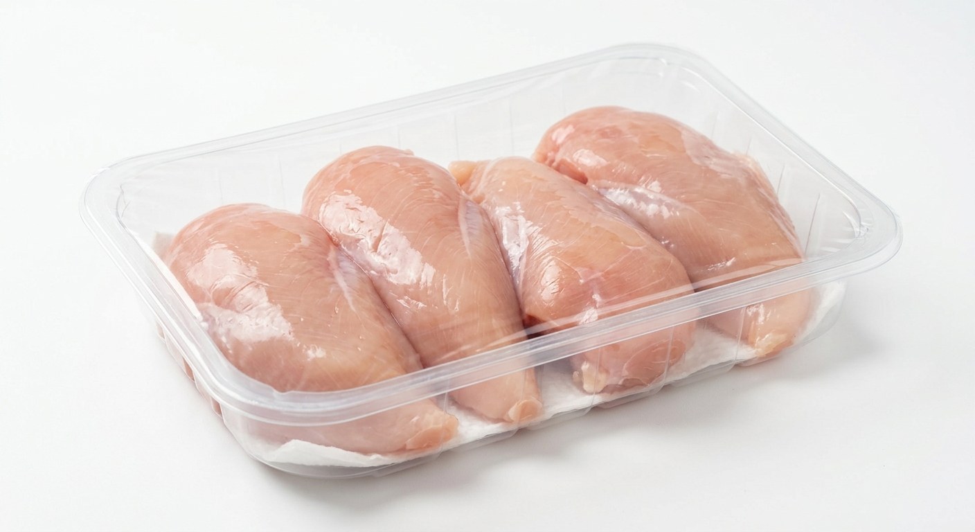 Chicken fillets in a PET tray with an anti-fog lid