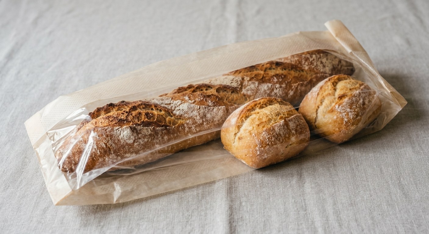 Compostable baguette bag holding artisan bread