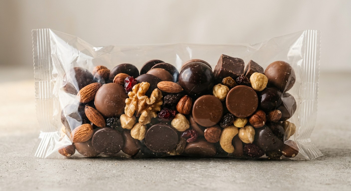 Chocolates and nuts in a compostable flow-wrap pack