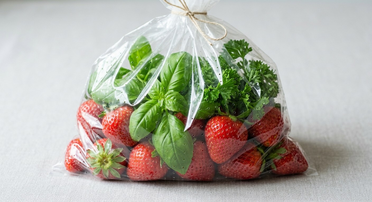 Fresh herbs and soft fruit in a perforated compostable bag