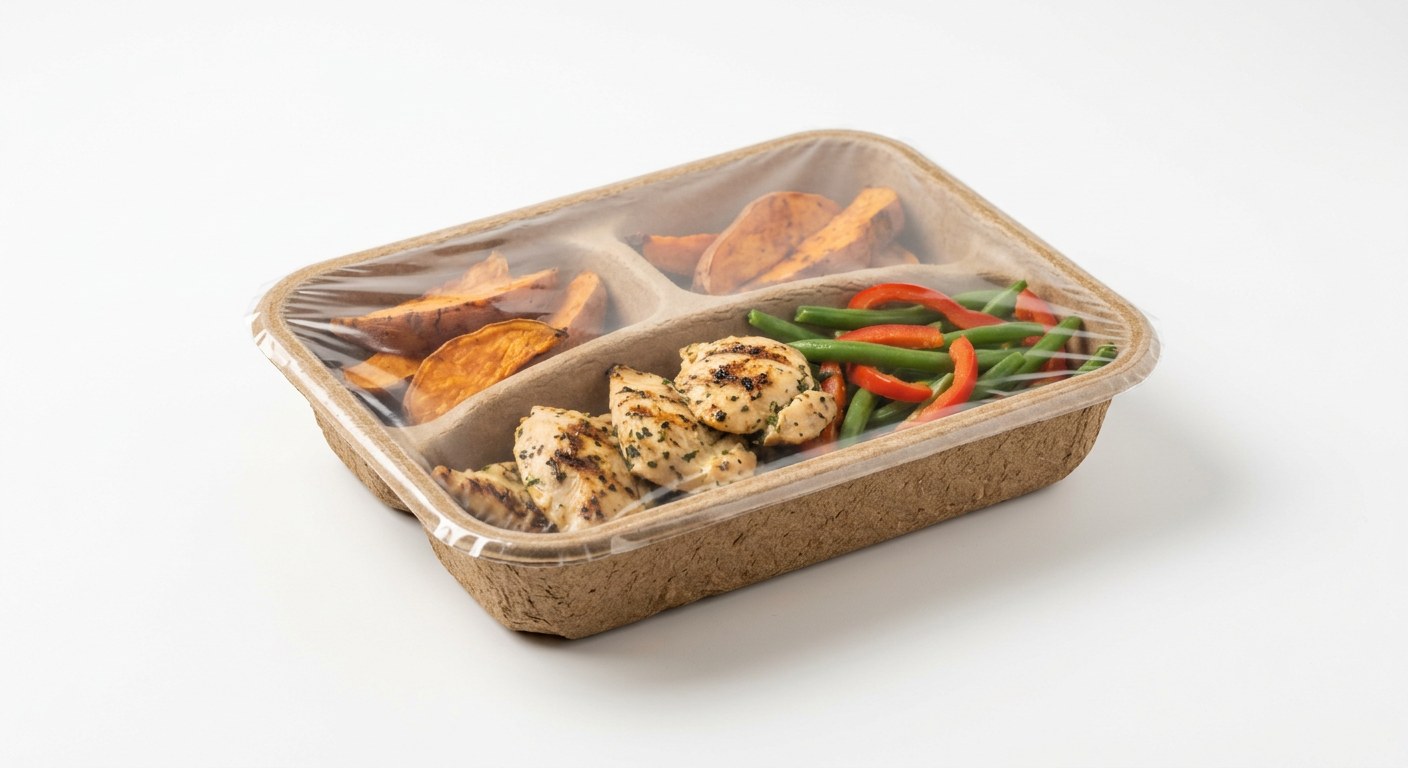 Food in a fibre tray with compostable lidding