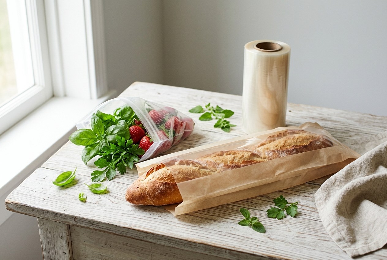 A baguette in a compostable window bag and fresh herbs and strawberries in a perforated compostable bag beside a roll of compostable film