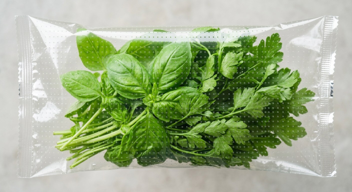 Fresh herbs in a micro-perforated OPP flow wrap pack