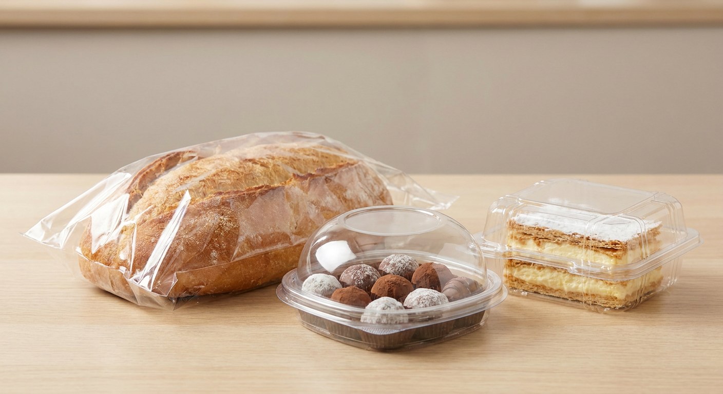 Bread, pralines and patisserie in clear packs