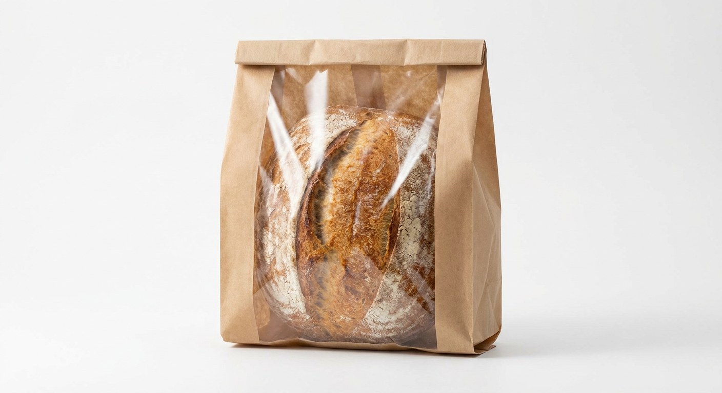 Artisan bread in a compostable window bag