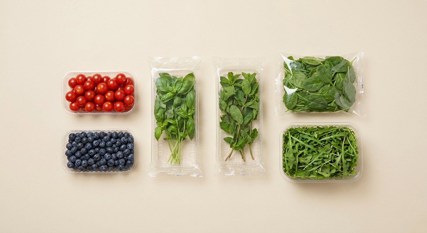 Fresh fruit and vegetables in clear packs and trays