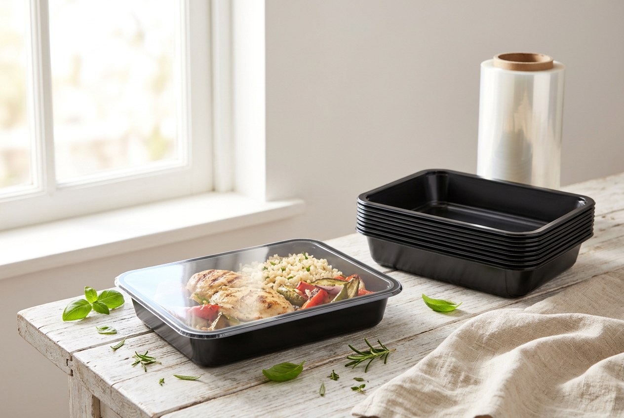 A ready meal in a black PET tray sealed with a flat clear lidding film, beside a stack of empty trays and a roll of lidding film
