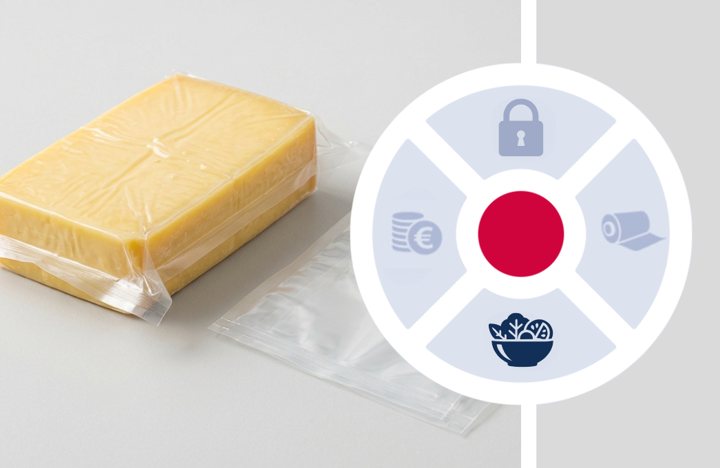 Block cheese vacuum packed in a clear barrier pouch with visible seal seam beside two empty vacuum bags
