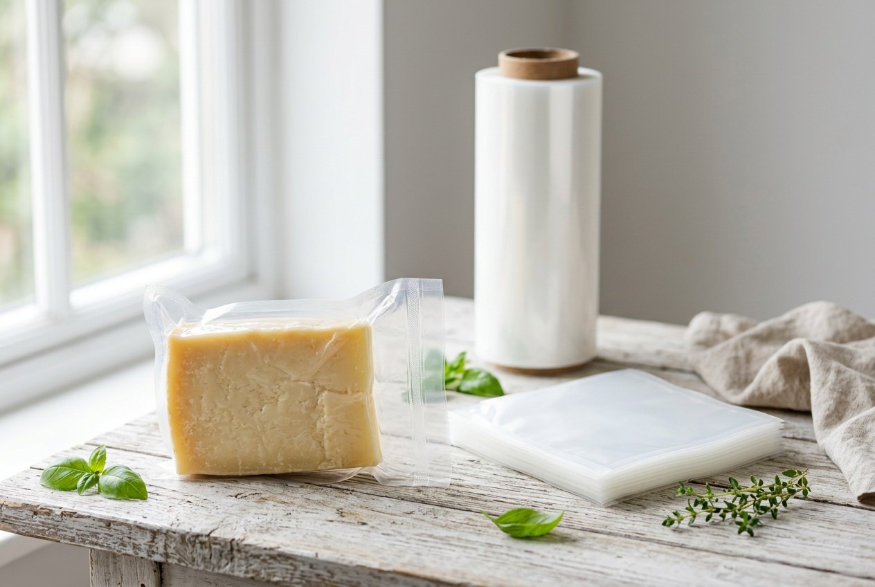 Block cheese vacuum packed in a clear barrier bag beside a stack of empty vacuum bags and a roll of film