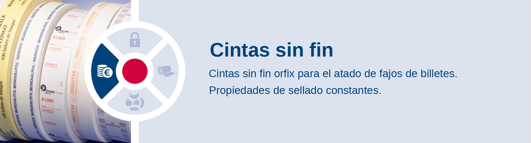 Cintas sin fin. Cintas sin fin orfix para el atado de fajos de billetes. Propiedades de sellado constantes.