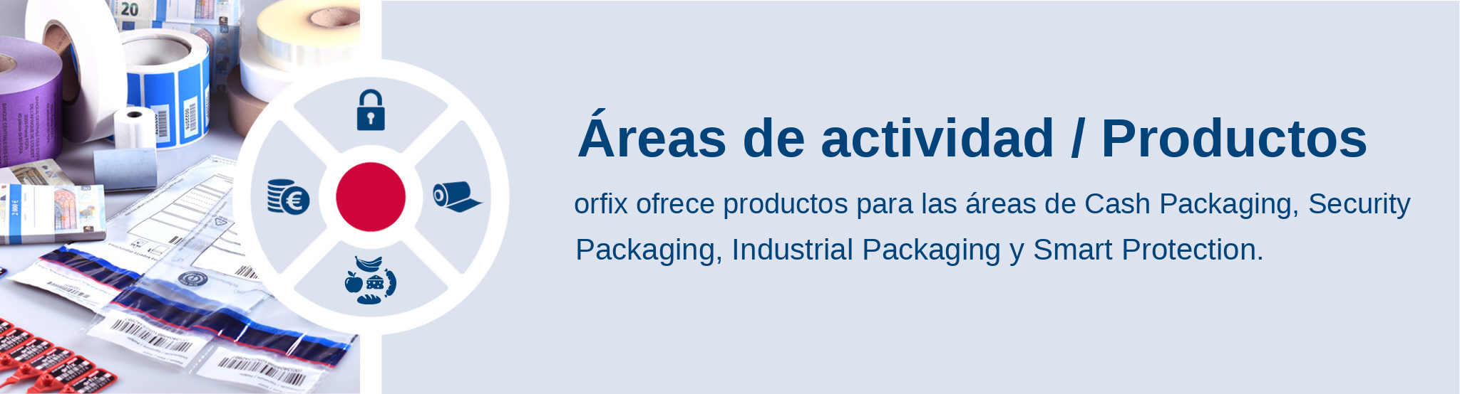Áreas de actividad / Productos. orfix ofrece productos para las áreas de Cash Packaging, Security Packaging, Industrial Packaging y Smart Protection.