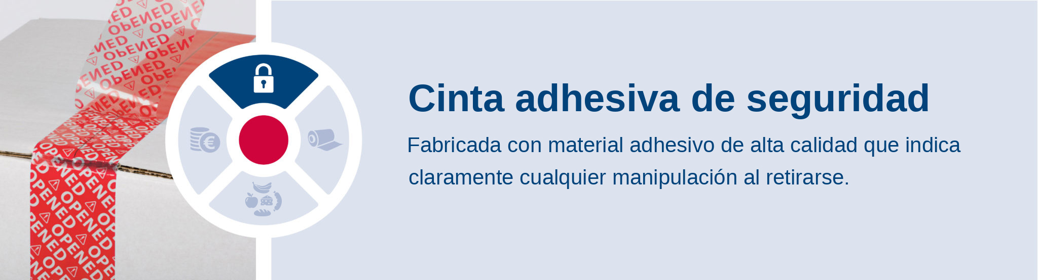 Cinta adhesiva de seguridad. Fabricada con material adhesivo de alta calidad que indica claramente cualquier manipulación al retirarse.